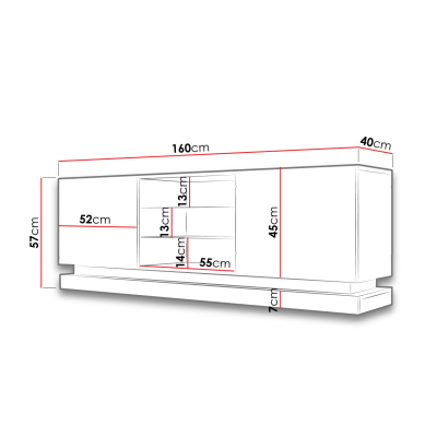 Televízny stolík s LED modrým osvetlením 160 cm LIMA - biely / lesklý biely