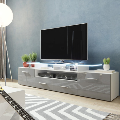 TV stolík s LED bielym osvetlením SOBRAL - biely / lesklý šedý