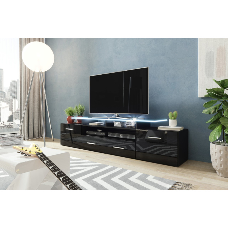TV stolík s LED bielym osvetlením SOBRAL - čierny / lesklý čierny