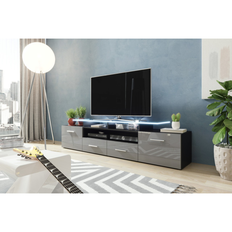 TV stolík s LED bielym osvetlením SOBRAL - čierny / lesklý šedý