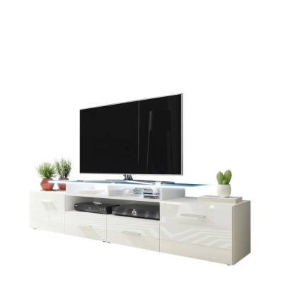 TV stolík s LED bielym osvetlením SOBRAL - biely / lesklý šedý