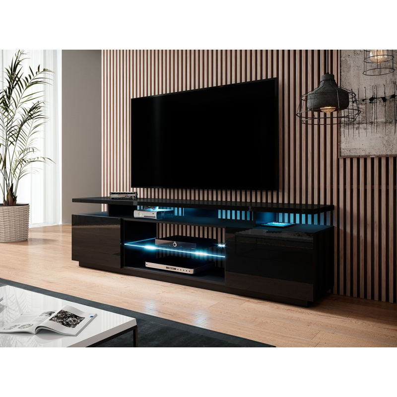 TV stolík s LED bielym osvetlením SALTA - čierny / lesklý čierny