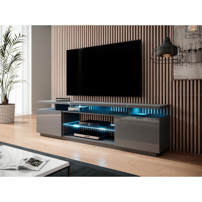 TV stolík s LED bielym osvetlením SALTA - grafitový / lesklý grafitový