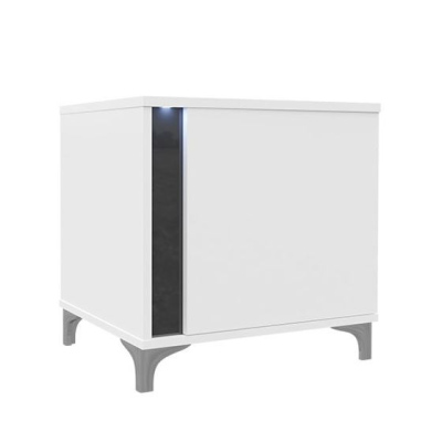 Nočný stolík s LED osvetlením BANTRY - biely / lesklý biely / lesklý čierny, ľavý