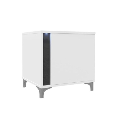 Nočný stolík s LED osvetlením BANTRY - biely / lesklý biely / lesklý čierny, ľavý