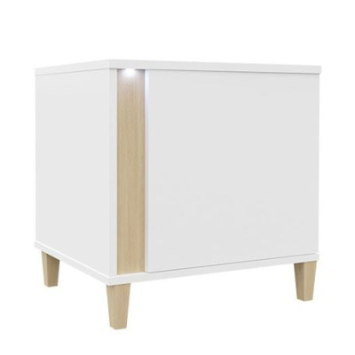 Nočný stolík s LED osvetlením BANTRY - biely / lesklý biely / prírodná dyha, ľavý