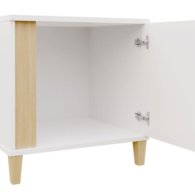 Nočný stolík s LED osvetlením BANTRY - biely / lesklý biely / lesklý čierny, ľavý