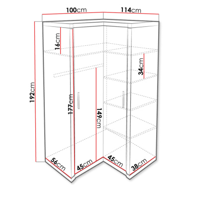 Rohová šatníková skriňa 114x100 cm ARIKA - dub hľuzovka