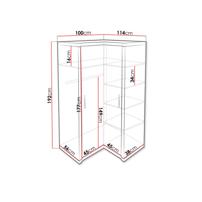 Rohová šatníková skriňa 114x100 cm ARIKA - dub sonoma