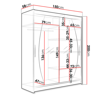 Šatníková skriňa 150 cm so zrkadlom a LED osvetlením ELADIO 8 - dub sonoma