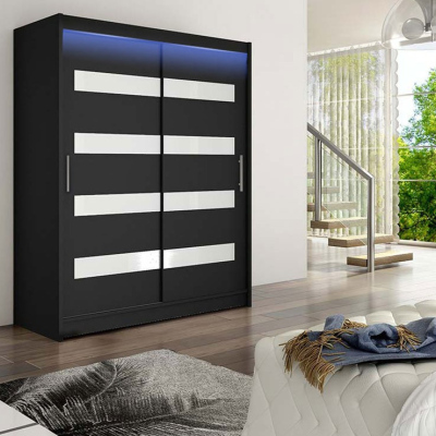 Šatníková skriňa 150 cm s lakovaným sklom a LED osvetlením ELADIO 4 - čierna / biela
