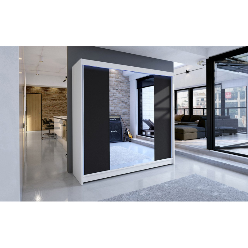Šatníková skriňa 180 cm so zrkadlom a LED RGB osvetlením VILMA 2 - biela / čierna