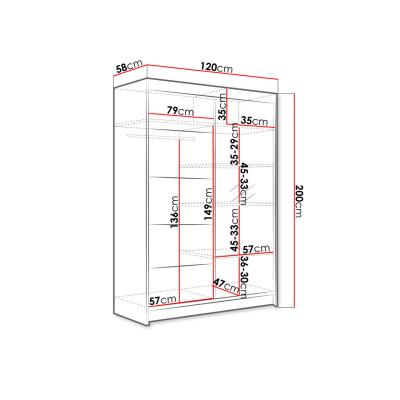 Posuvná šatníková skriňa 120 cm so zrkadlom a LED RGB osvetlením SAMANRE 3 - biela / čierna