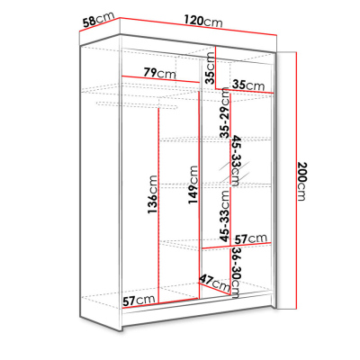 Posuvná šatníková skriňa 120 cm so zrkadlom a LED RGB osvetlením SAMANRE 1 - biela / dub sonoma