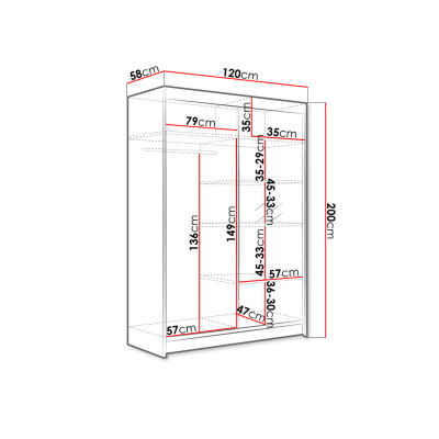 Posuvná šatníková skriňa 120 cm so zrkadlom a LED RGB osvetlením SAMANRE 1 - biela / dub sonoma