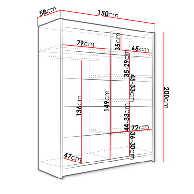 Šatníková skriňa 150 cm s posuvnými dverami a LED osvetlením PIRITU 4 - biela / čierna