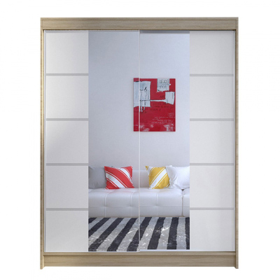 Zrkadlová šatníková skriňa 150 cm s posuvnými dverami a LED osvetlením PIRITU 5 - biela