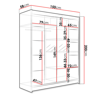 Zrkadlová šatníková skriňa 150 cm s posuvnými dverami a LED osvetlením PIRITU 5 - biela