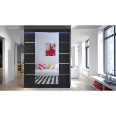 Zrkadlová šatníková skriňa 150 cm s posuvnými dverami a LED osvetlením PIRITU 5 - čierna