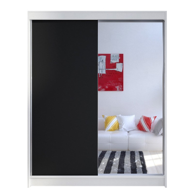 Šatníková skriňa 150 cm so zrkadlom a LED osvetlením PIRITU 1 - biela / čierna