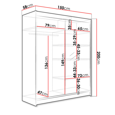 Šatníková skriňa 150 cm so zrkadlom a LED osvetlením PIRITU 1 - čierna / biela