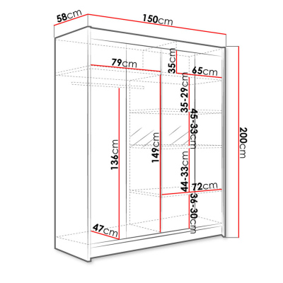 Šatníková skriňa 150 cm so zrkadlom a LED osvetlením PIRITU 2 - biela / čierna