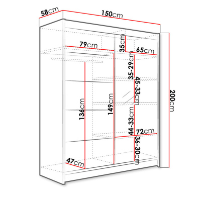 Šatníková skriňa 150 cm so zrkadlom a LED osvetlením PIRITU 3 - biela / čierna