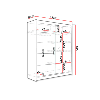 Šatníková skriňa 150 cm so zrkadlom a LED osvetlením PIRITU 3 - biela / dub sonoma