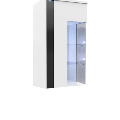 Závesná vitrína s LED osvetlením BANTRY 3 - biela / lesklá biela / lesklá čierna, ľavá