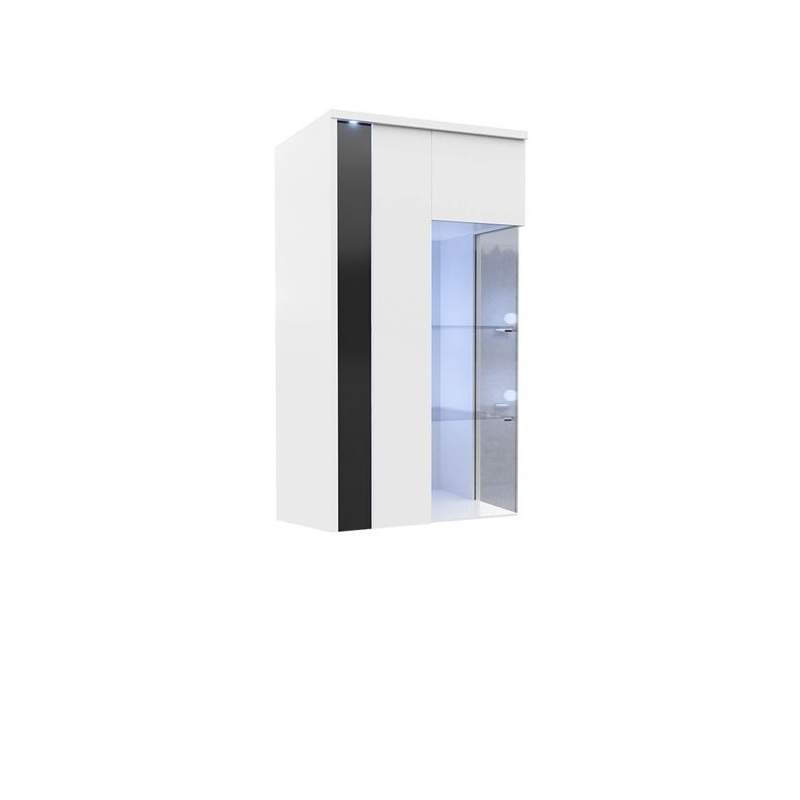 Závesná vitrína s LED osvetlením BANTRY 3 - biela / lesklá biela / lesklá čierna, ľavá