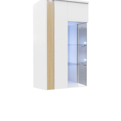 Závesná vitrína s LED osvetlením BANTRY 3 - biela / lesklá biela / prírodná dyha, ľavá