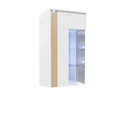 Závesná vitrína s LED osvetlením BANTRY 3 - biela / lesklá biela / prírodná dyha, ľavá