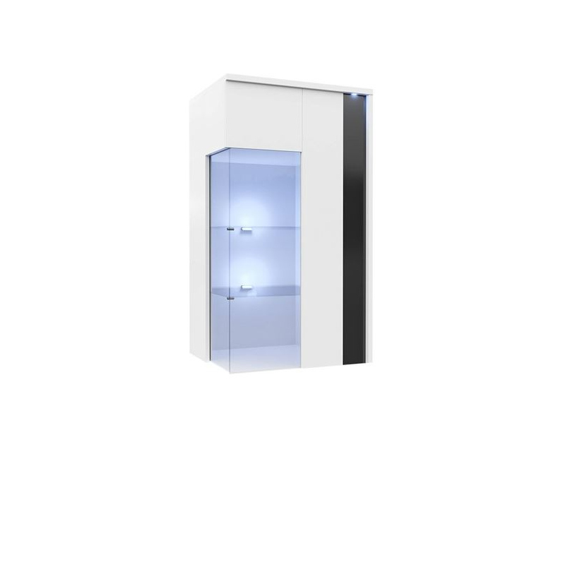 Závesná vitrína s LED osvetlením BANTRY 3 - biela / lesklá biela / lesklá čierna, pravá