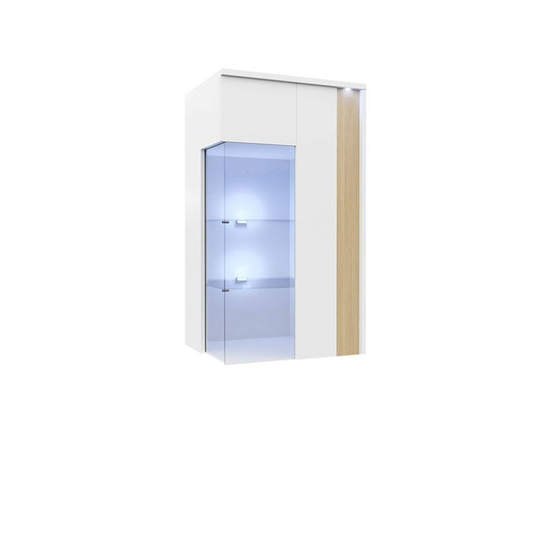 Závesná vitrína s LED osvetlením BANTRY 3 - biela / lesklá biela / prírodná dyha, pravá