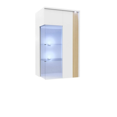 Závesná vitrína s LED osvetlením BANTRY 3 - biela / lesklá biela / prírodná dyha, pravá