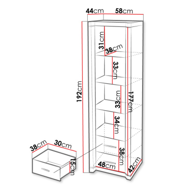 Vysoká vitrína s LED osvetlením ARIKA - 58 cm, dub hľuzovka