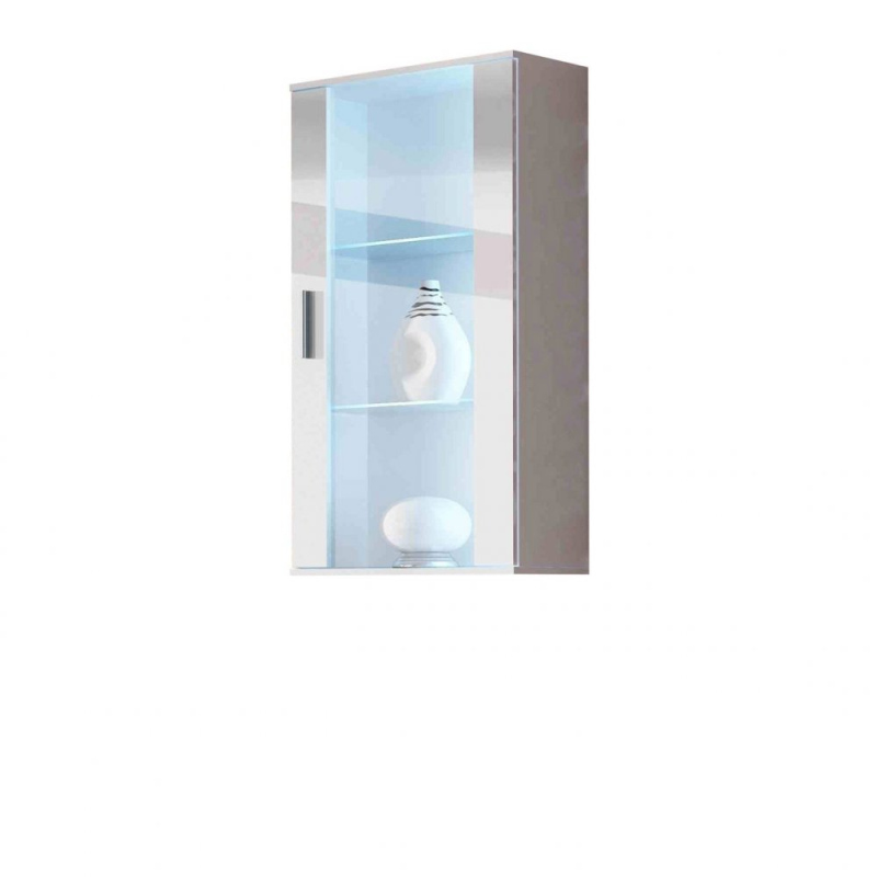 Závesná vitrína s LED bielym osvetlením KARA - biela / lesklá biela