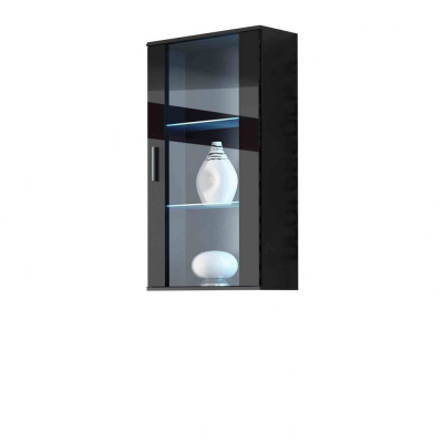 Závesná vitrína s LED bielym osvetlením KARA - čierna / lesklá čierna