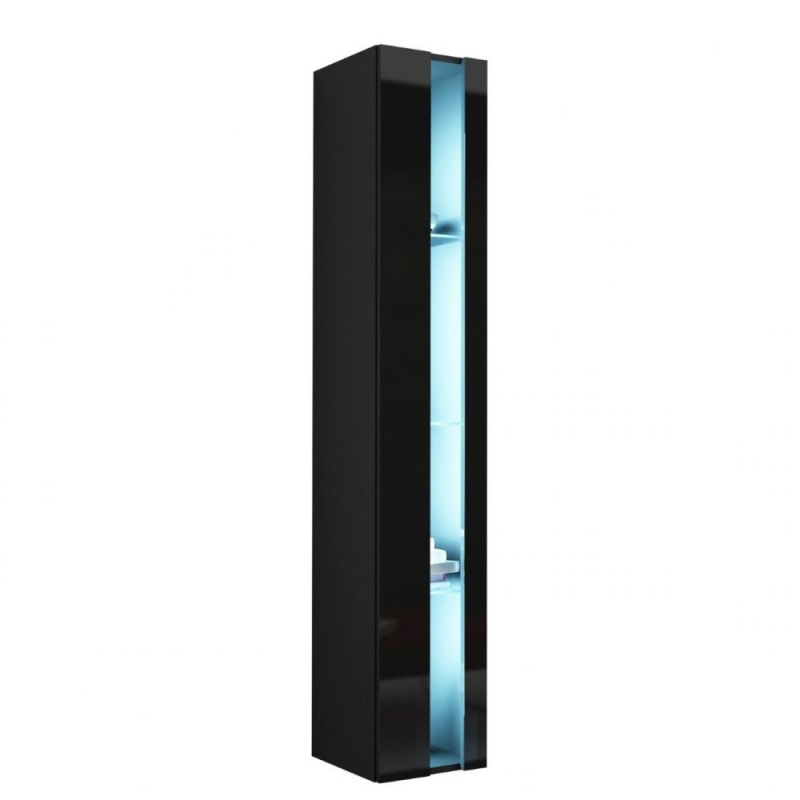 Závesná vitrína s LED modrým osvetlením ASHTON 2 - čierna / lesklá čierna