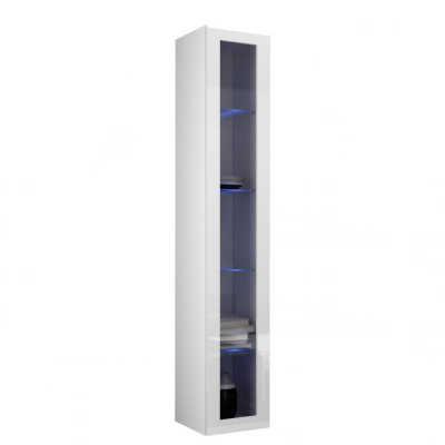 Vysoká vitrína s LED modrým osvetlením ASHTON - biela / lesklá biela