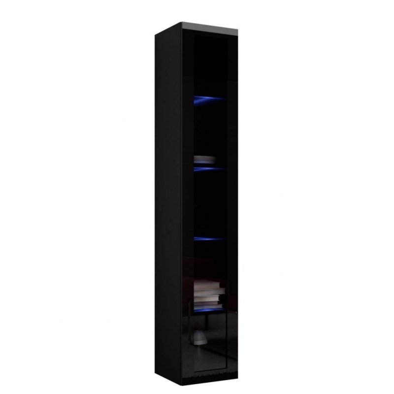 Vysoká závesná vitrína s LED modrým osvetlením ASHTON - čierna / lesklá čierna