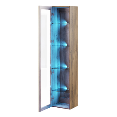 Vysoká závesná vitrína s LED modrým osvetlením ASHTON - čierna / dub wotan
