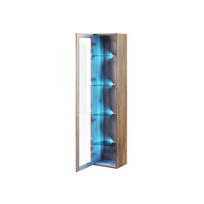 Vysoká vitrína s LED modrým osvetlením ASHTON - biela / lesklá biela