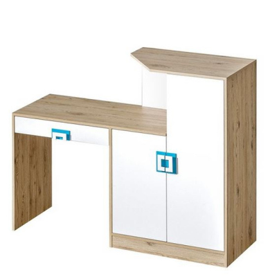 Písací stôl s komodou ALBA - dub svetlý / biely / tyrkysový