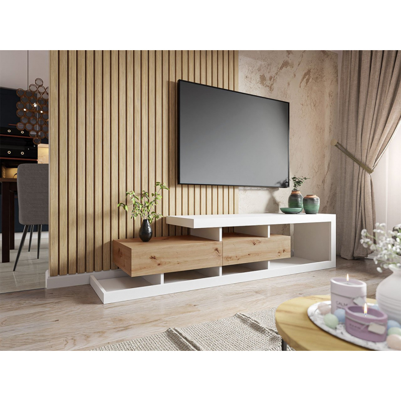 Dizajnový TV stolík BALINA - biely / dub wotan