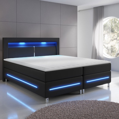Boxspringová manželská posteľ s LED osvetlením 180x200 GALWAY - čierna ekokoža + topper ZDARMA