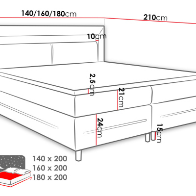 Boxspringová manželská posteľ s LED osvetlením 180x200 GALWAY - čierna ekokoža + topper ZDARMA