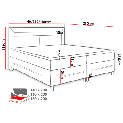 Boxspringová manželská posteľ s LED osvetlením 180x200 GALWAY - čierna ekokoža + topper ZDARMA