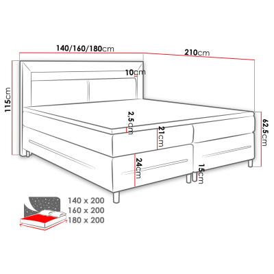 Boxspringová manželská posteľ s LED osvetlením 160x200 GALWAY - čierna ekokoža + topper ZDARMA