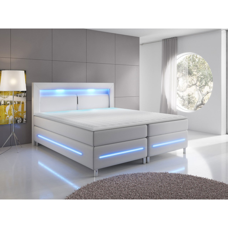 Boxspringová manželská posteľ s LED osvetlením 160x200 GALWAY - biela ekokoža + topper ZDARMA